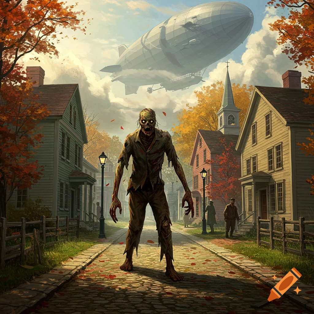 A creepy zombie stands in the middle of a cobblestone street in an autumn New England village, with a large Zeppelin flying in the cloudy sky.