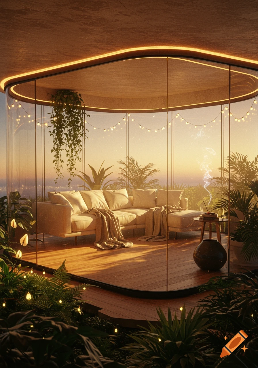 Modern living room with cream sofa, abundant plants, string lights, and curved glass walls overlooking a sunset, photorealistic.