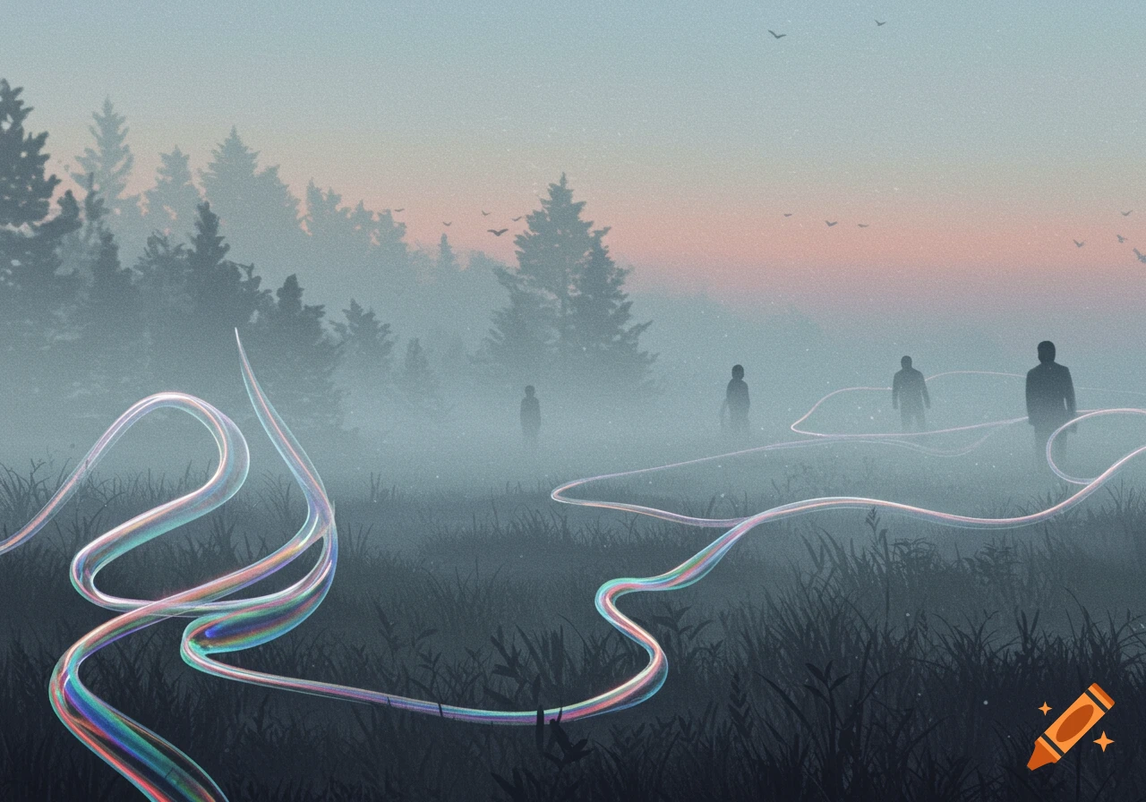 Dreamlike misty landscape with silhouetted figures, glowing iridescent ribbons, and pine trees at dawn/dusk.