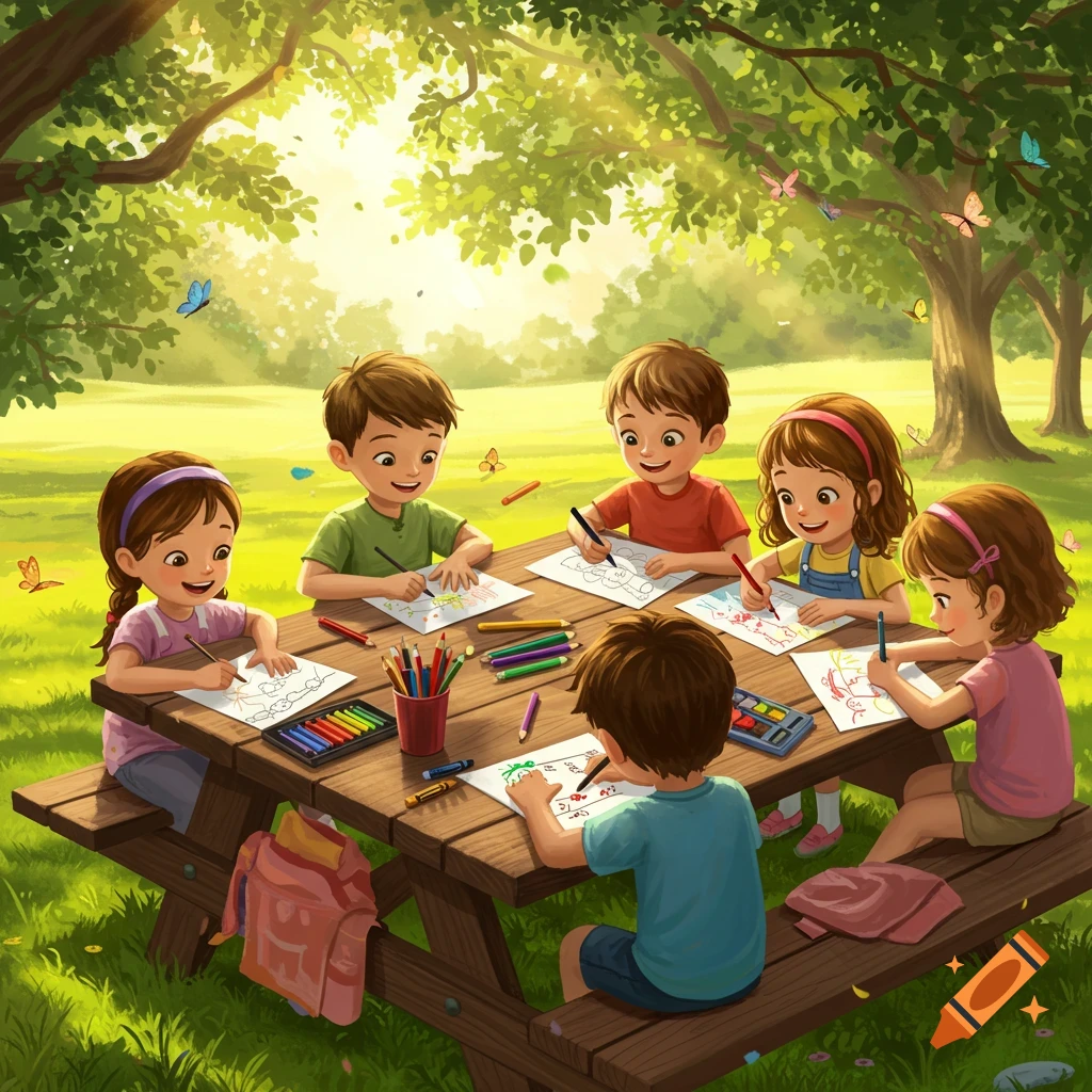 Five happy children coloring at a picnic table in a sunny park with trees and butterflies, in a whimsical illustration style.