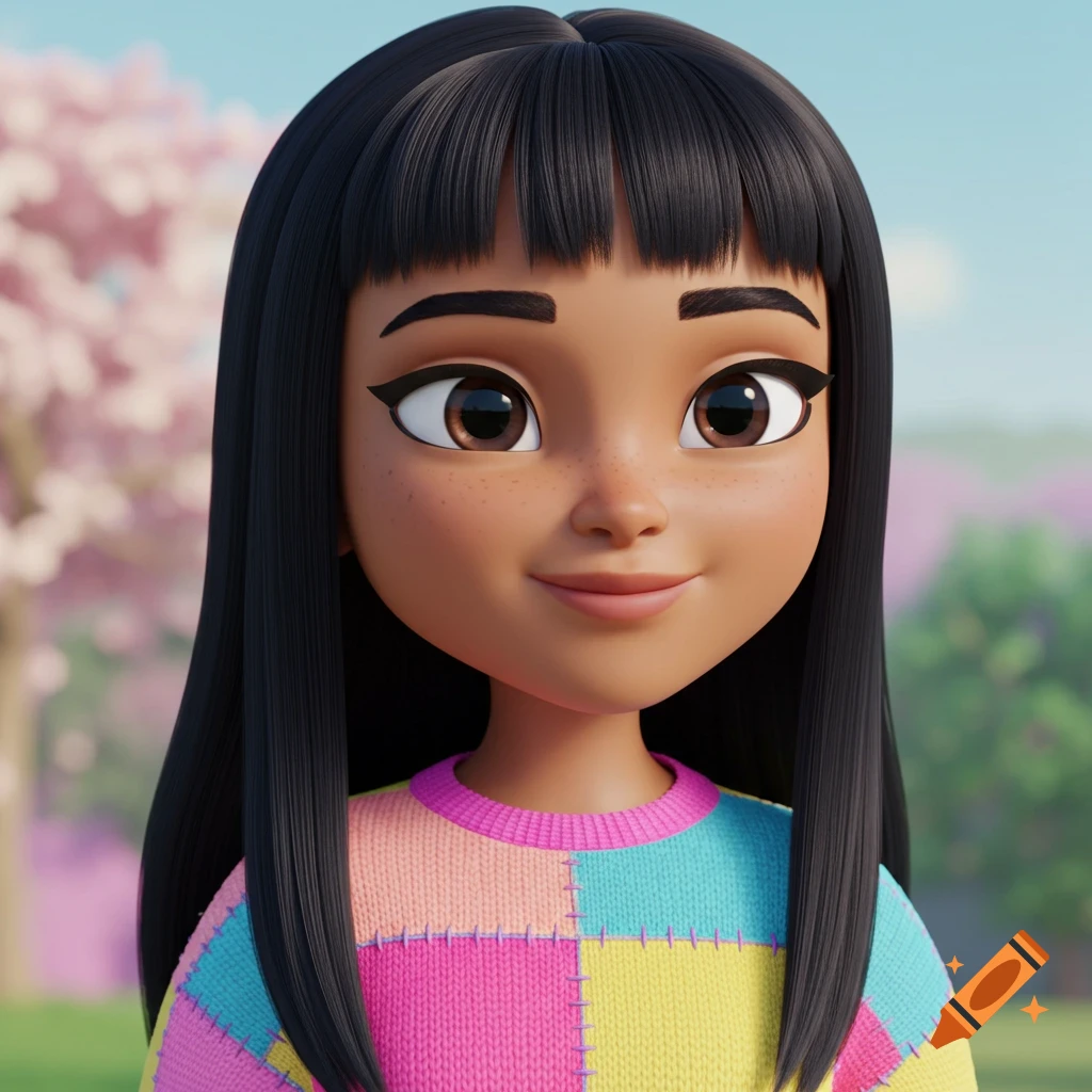 A cute cartoon avatar of a girl with black hair and bangs, brown eyes, a warm smile, wearing a colorful patchwork sweater in a park.