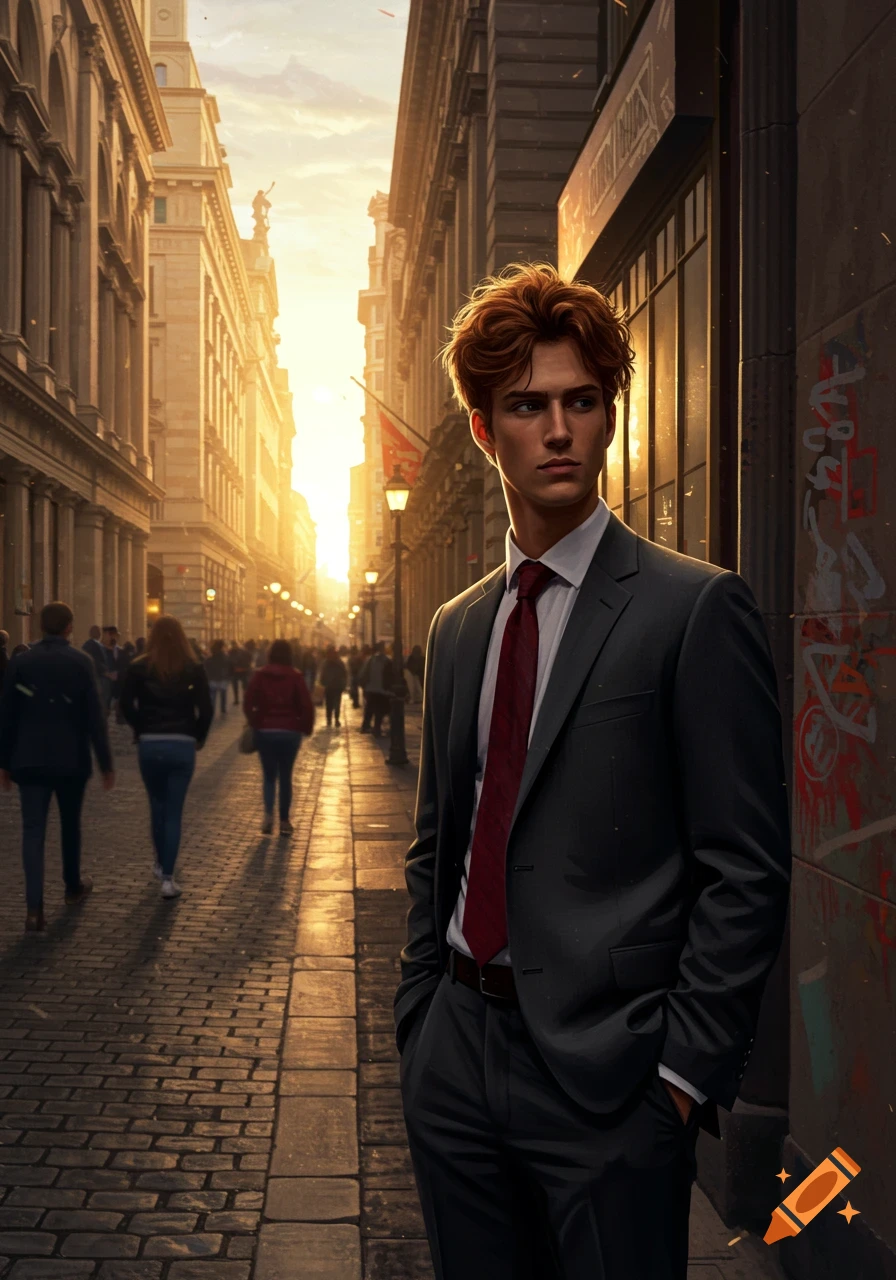 Photorealistic image of a stylish man with red hair in a dark suit and red tie, standing on a cobblestone city street at sunset.