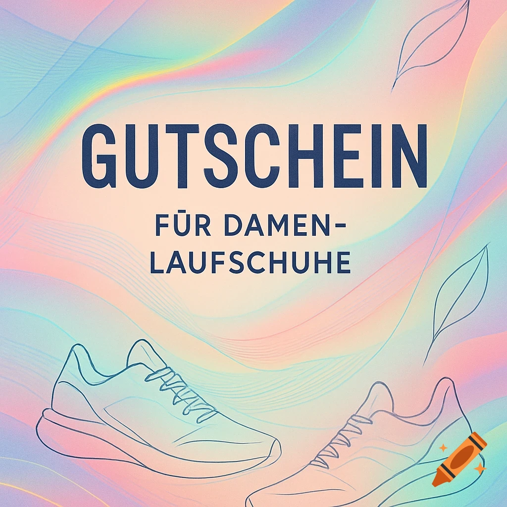 Voucher for women's running shoes with line art of two sneakers on an abstract pastel background.