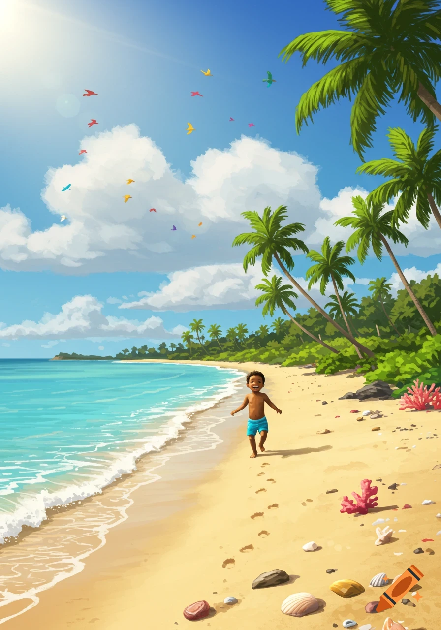 A smiling child runs along a sunny tropical beach with palm trees and turquoise water in a vibrant illustration style.