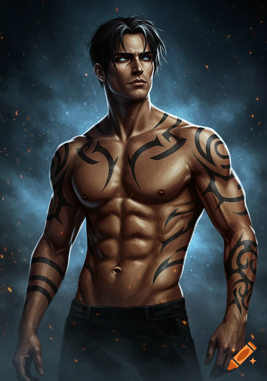 Muscular man with dark hair, blue eyes, and full body tribal tattoos, digital art style.