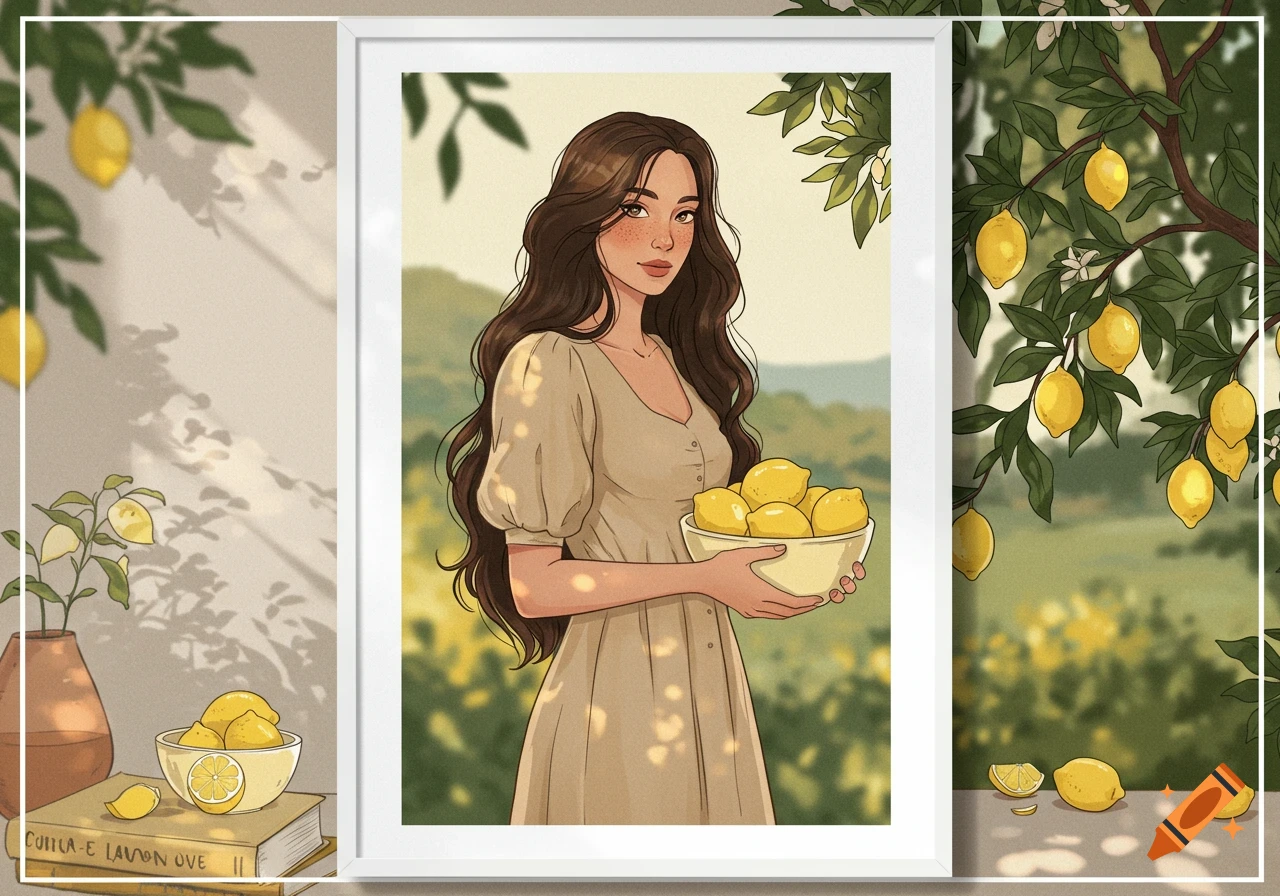 Illustrated print of a woman with long dark hair in a beige dress, holding a bowl of lemons. The print is framed and displayed on a wall with lemon trees and books beside it.