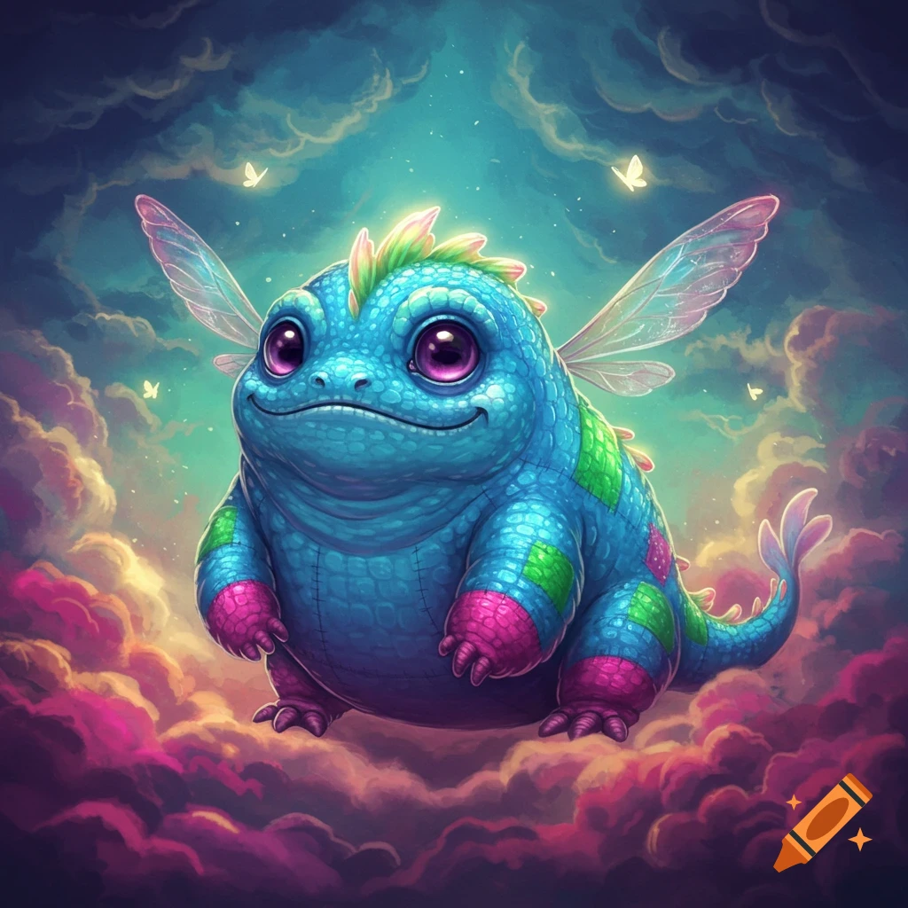 A cute, chubby blue fantasy creature with big purple eyes and delicate fairy wings sits on vibrant pink clouds under a starry sky.