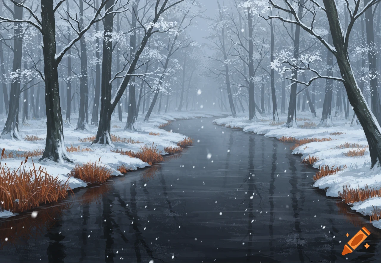 A winding river flows through a snow-covered forest with dark tree trunks and reddish-brown reeds along its banks, as snow gently falls.