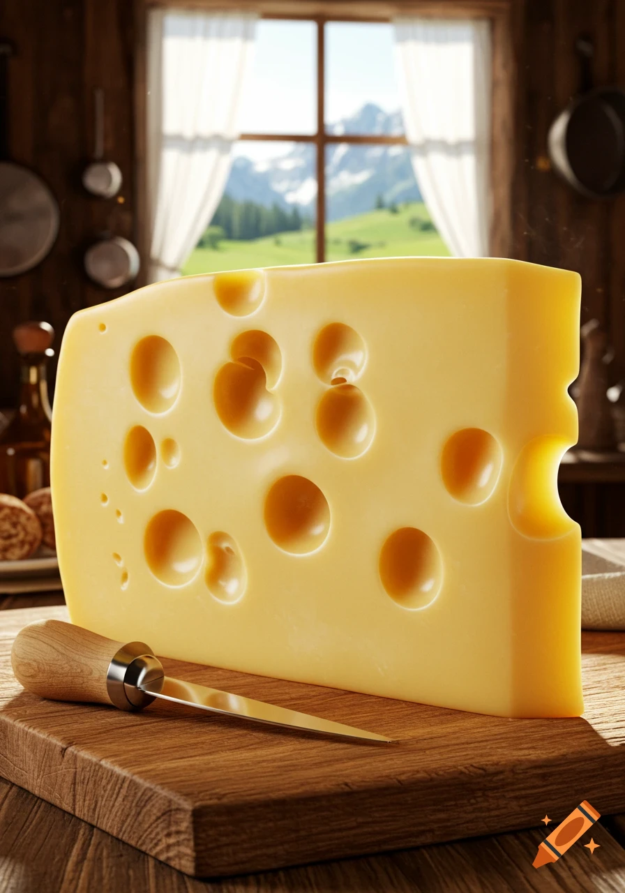 Photorealistic Swiss cheese wedge and knife on a wooden board, rustic kitchen with mountain view.