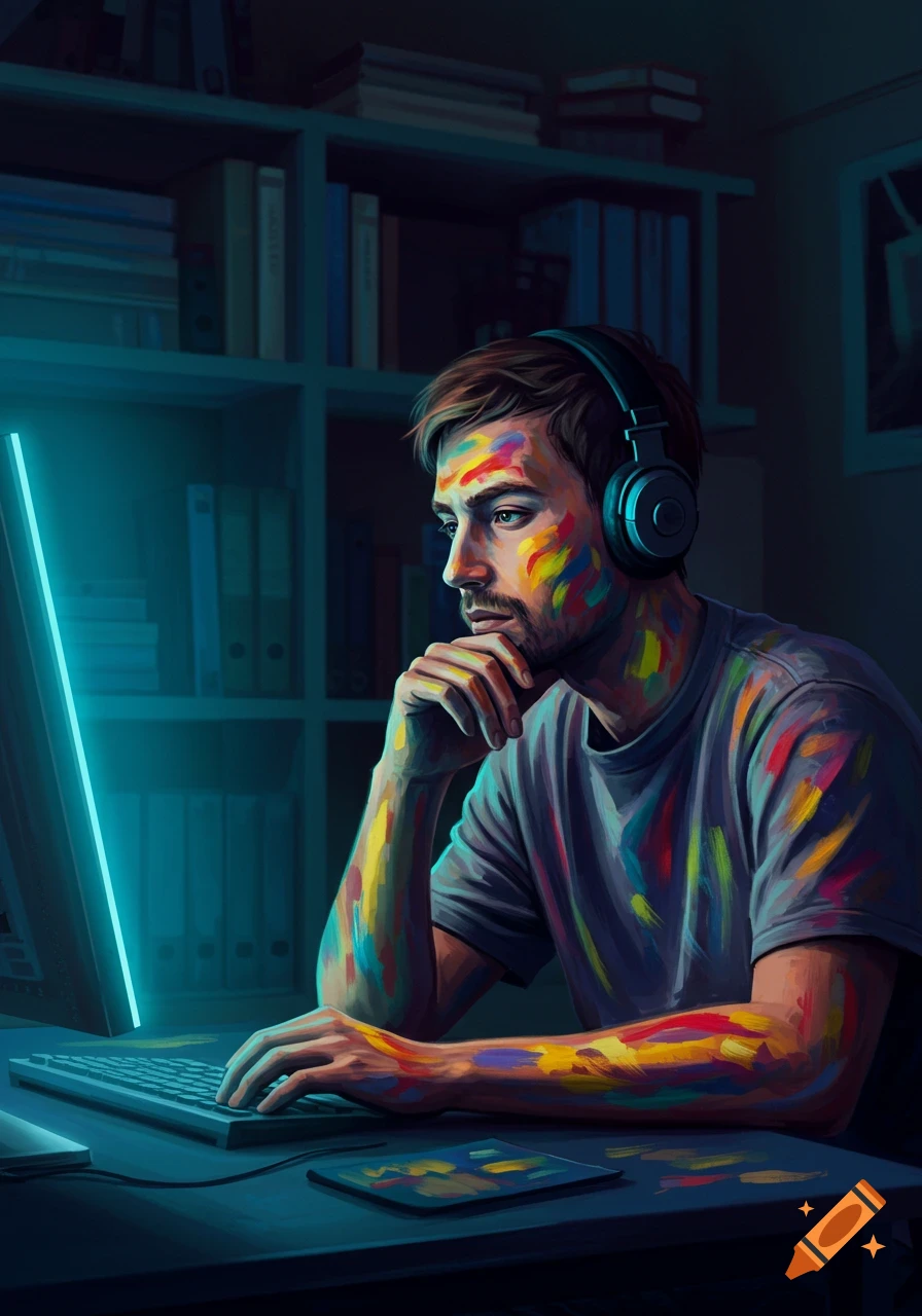 A man splattered with colorful paint, wearing headphones, looking intently at a glowing blue computer screen in a dimly lit room with bookshelves.
