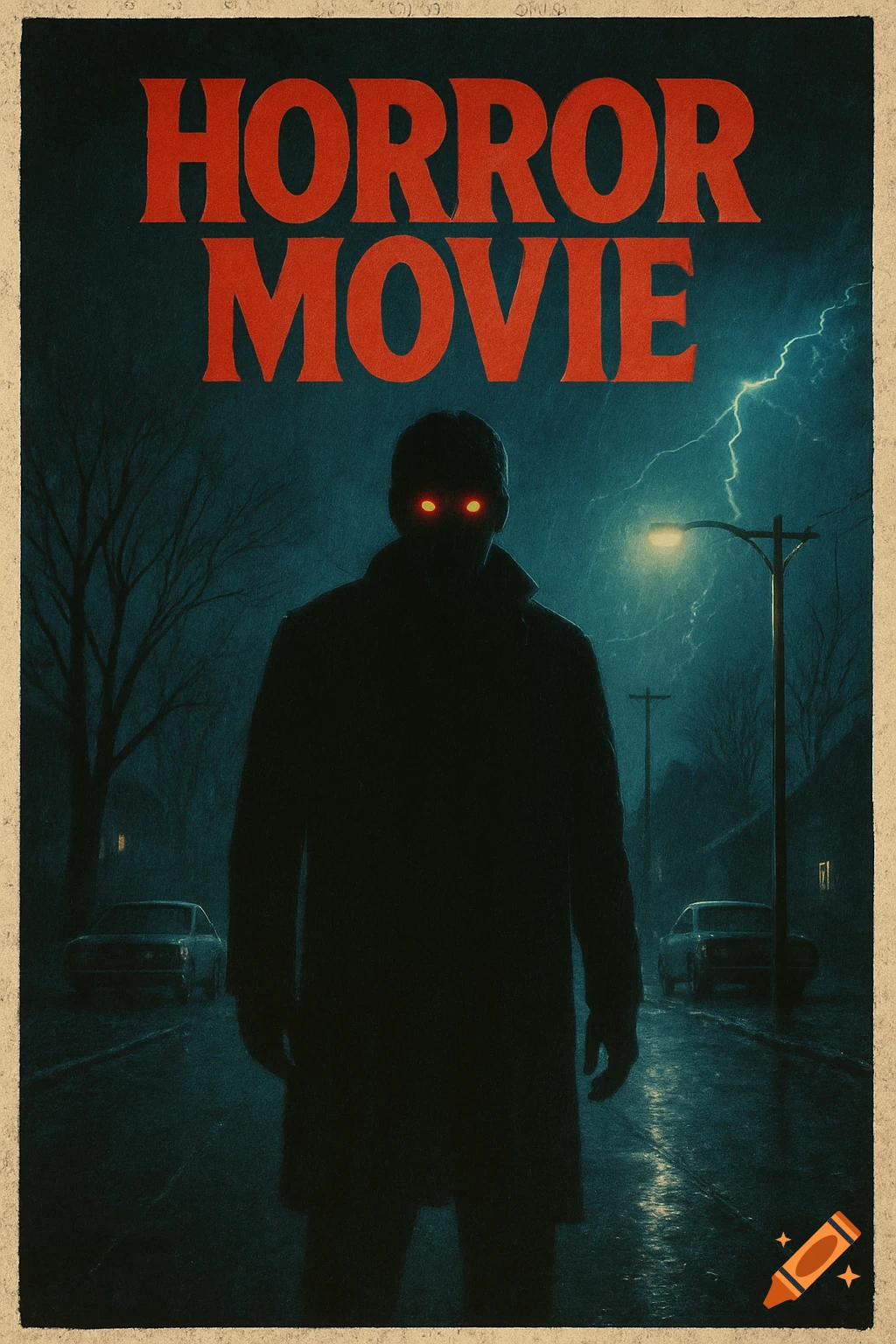 Vintage horror movie poster featuring a dark figure with glowing red eyes on a rainy street at night during a lightning storm.