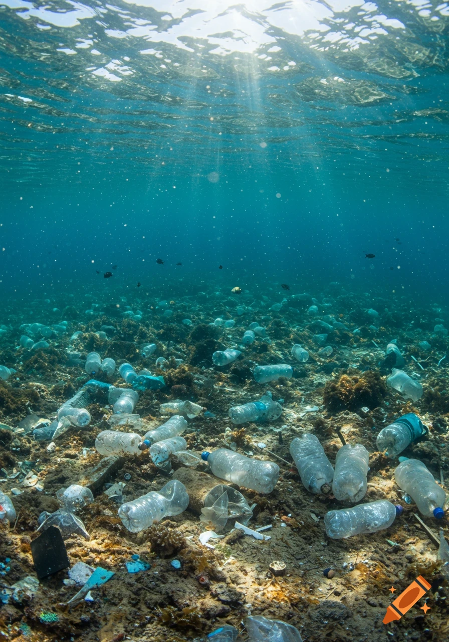 Photorealistic view of a polluted ocean floor covered in countless plastic bottles and debris, with sunlight filtering from above.