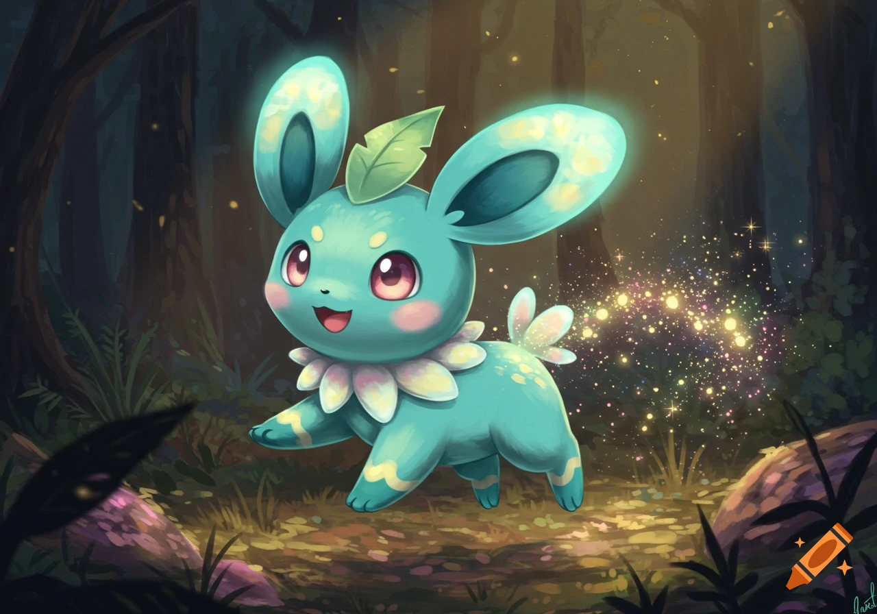 A cute, light blue, rabbit-like creature with a leaf on its head glows in a dark, magical forest with sparkling dust.
