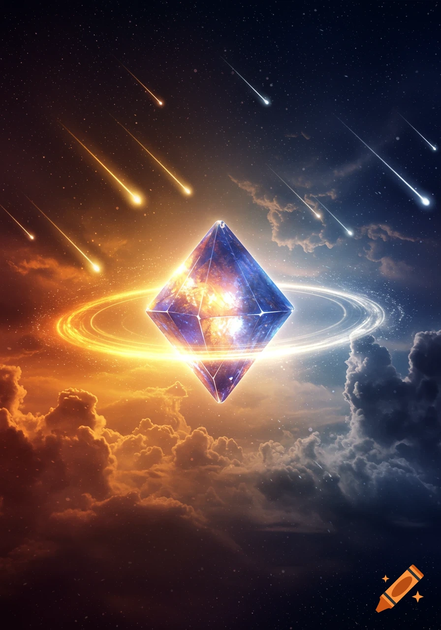 A glowing, multifaceted gem with ethereal rings floats in a cosmic sky split between orange day and blue night, with shooting stars and clouds.