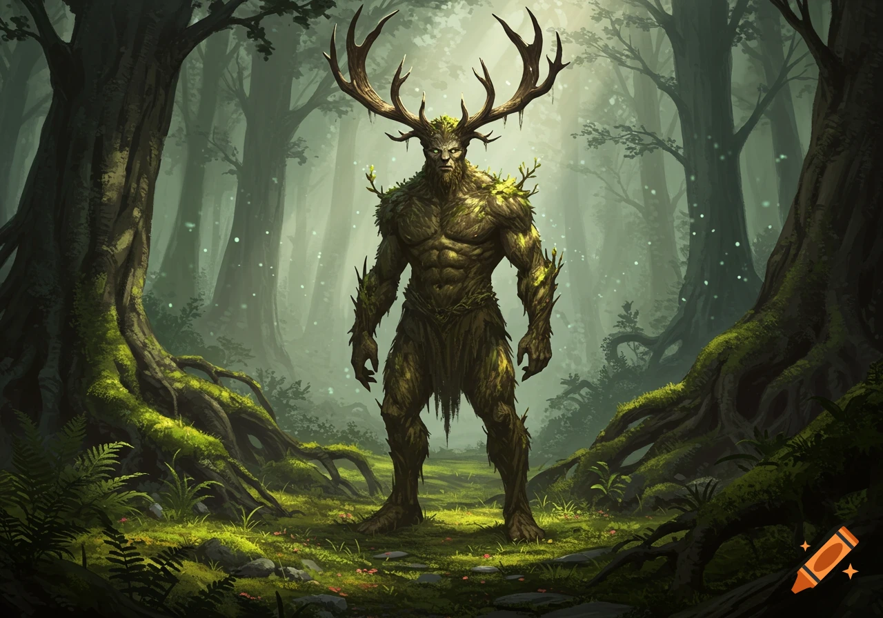 A muscular, bearded forest god with large antlers stands in a misty, ancient forest.