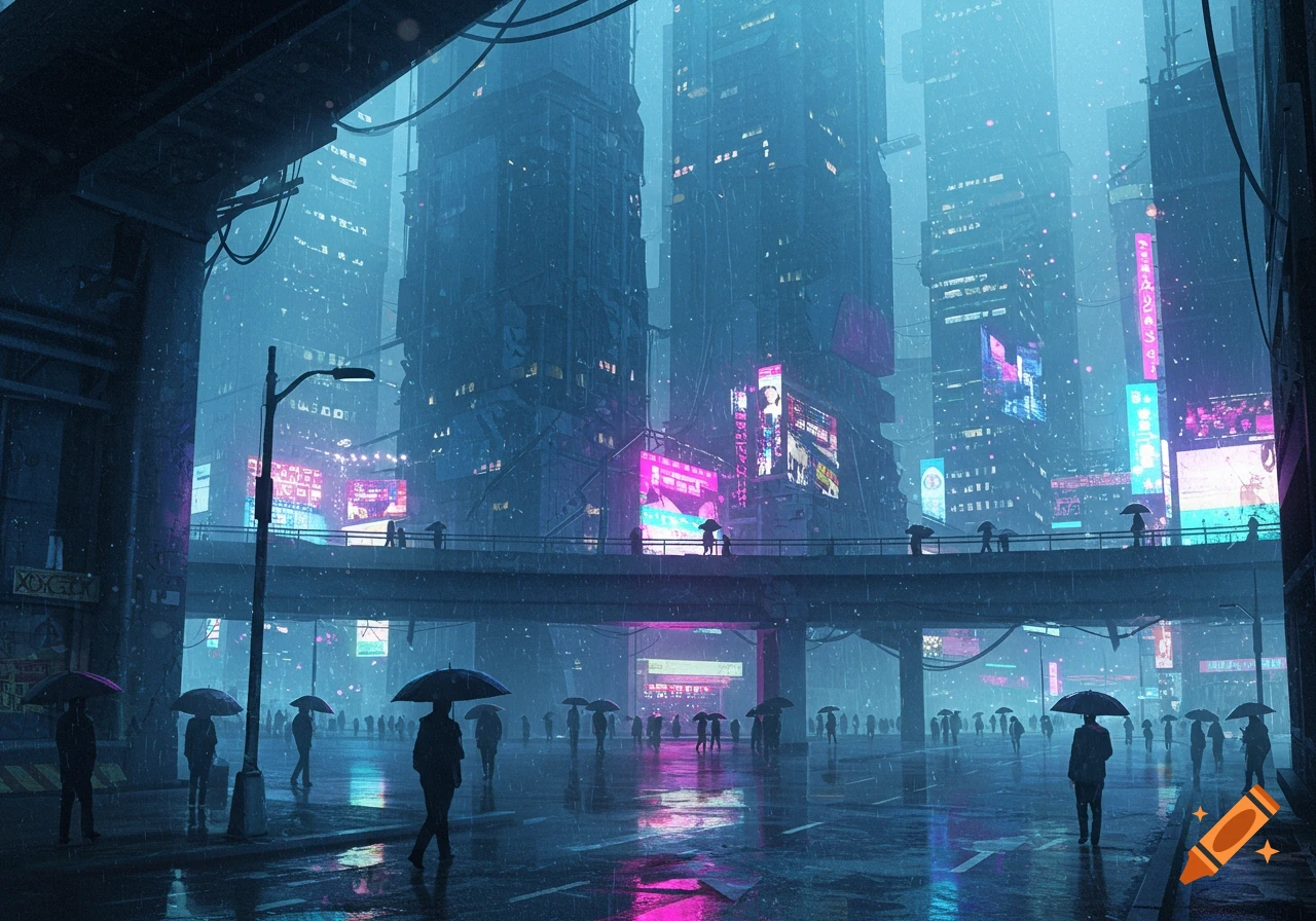 A rainy, dark cyberpunk cityscape with people holding umbrellas, futuristic buildings, and neon signs reflected on wet streets.