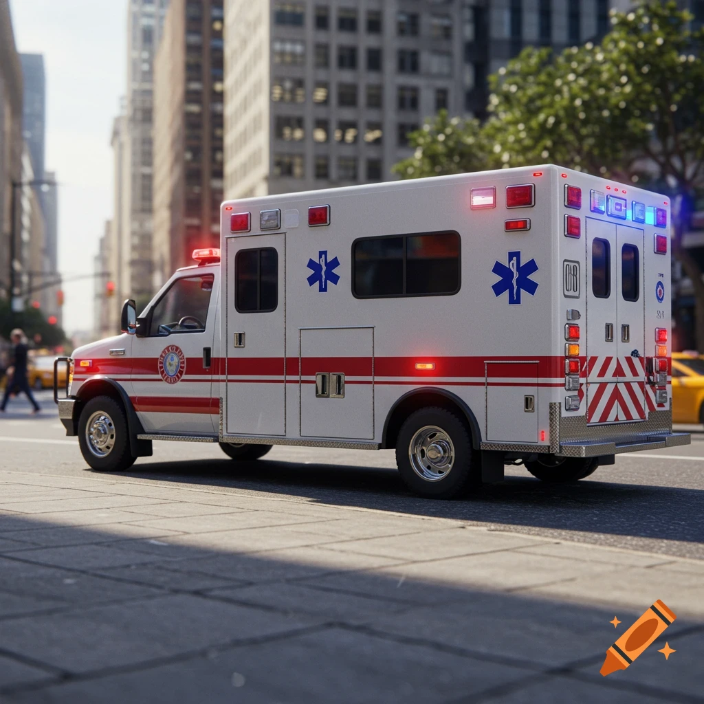 A photorealistic white ambulance with flashing lights on a city street with tall buildings in the background.