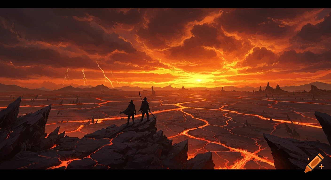 Two silhouetted travelers on a rocky ridge overlook a lava-filled wasteland under a fiery orange storm sky, epic fantasy illustration.