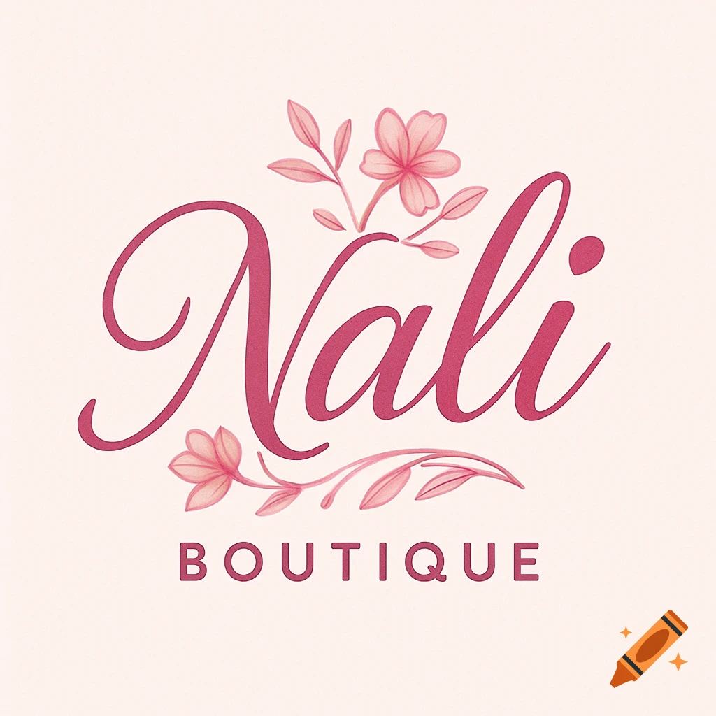 Pink script logo for 'Nali Boutique' with delicate pink flowers and leaves on a light background.