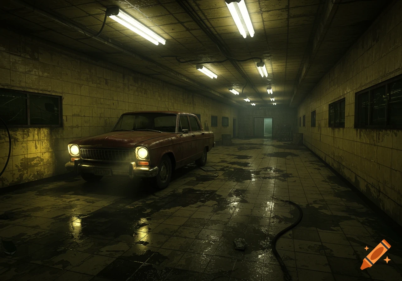 Rusty red car with headlights on in a dark, wet, tiled underground tunnel with fluorescent lights.