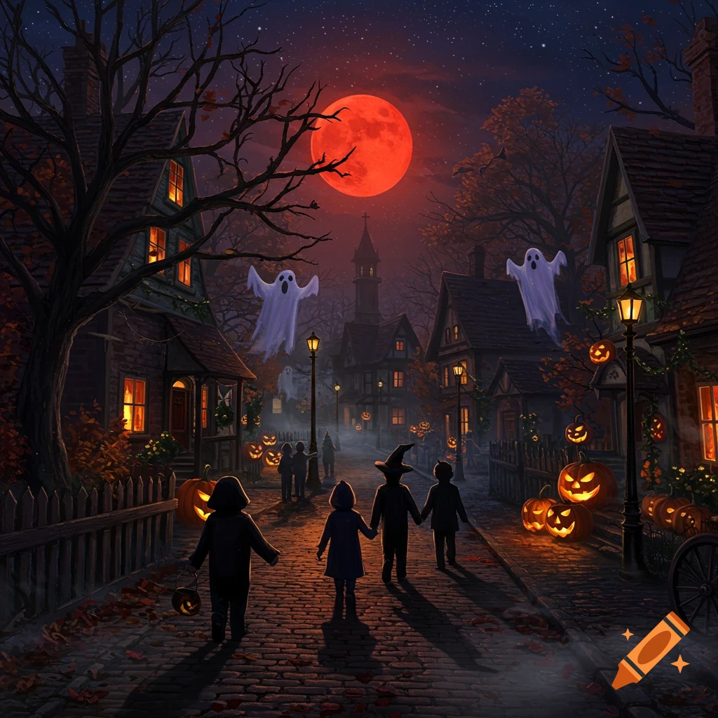 Children trick-or-treating on a cobblestone street at night, with a red full moon, ghosts, and glowing jack-o'-lanterns.