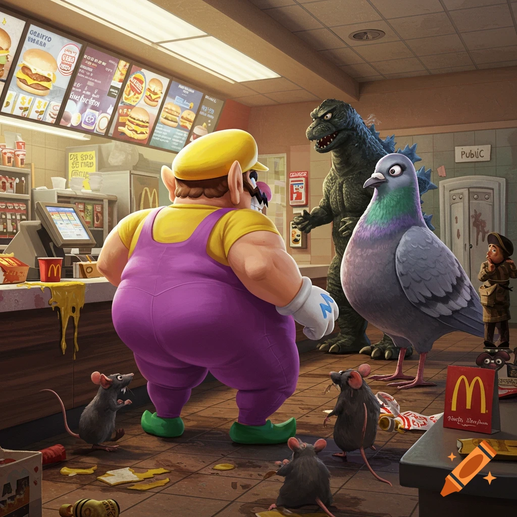 An obese Wario in a McDonald's filled with rats, with a giant pigeon cashier, and Godzilla peeking from a public bathroom door, in Pixar style.