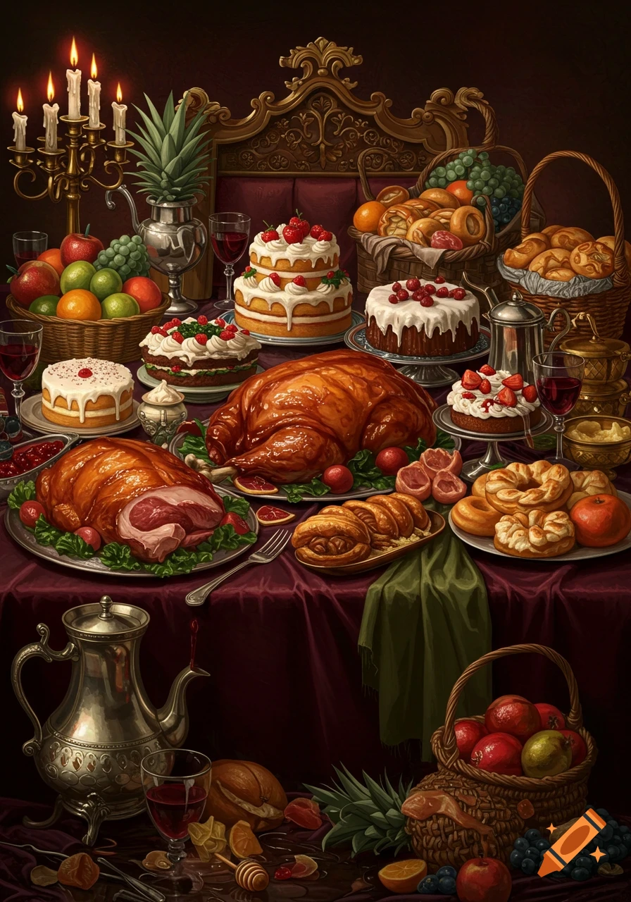 An opulent banquet table laden with roasted meats, cakes, fruits, and bread, set in a rich, dark, candlelit room.