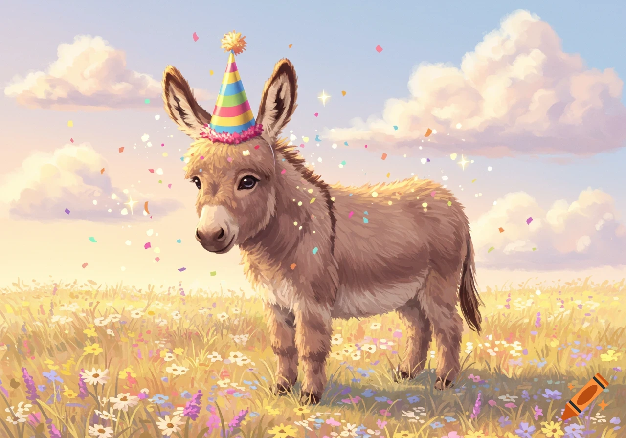 A cute, fluffy brown donkey wearing a colorful striped party hat stands in a sunlit field of wildflowers with confetti falling around it.