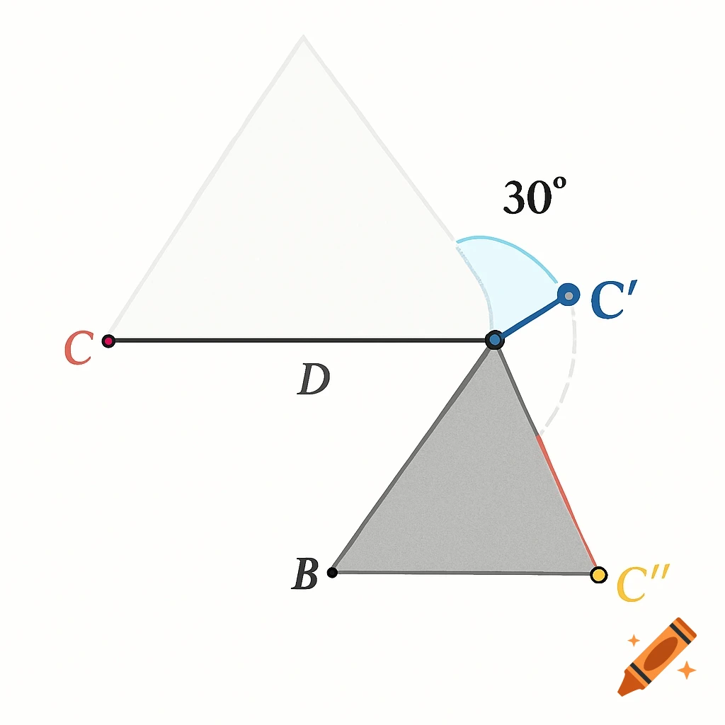 A geometric diagram showing a line segment CD, rotated 30 degrees to C'D and again to C''D, forming a shaded triangle.