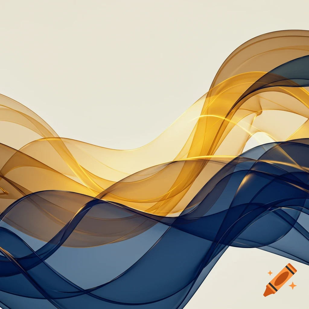 Smooth, elegant abstract flowing waves in translucent gold and blue on a light background.