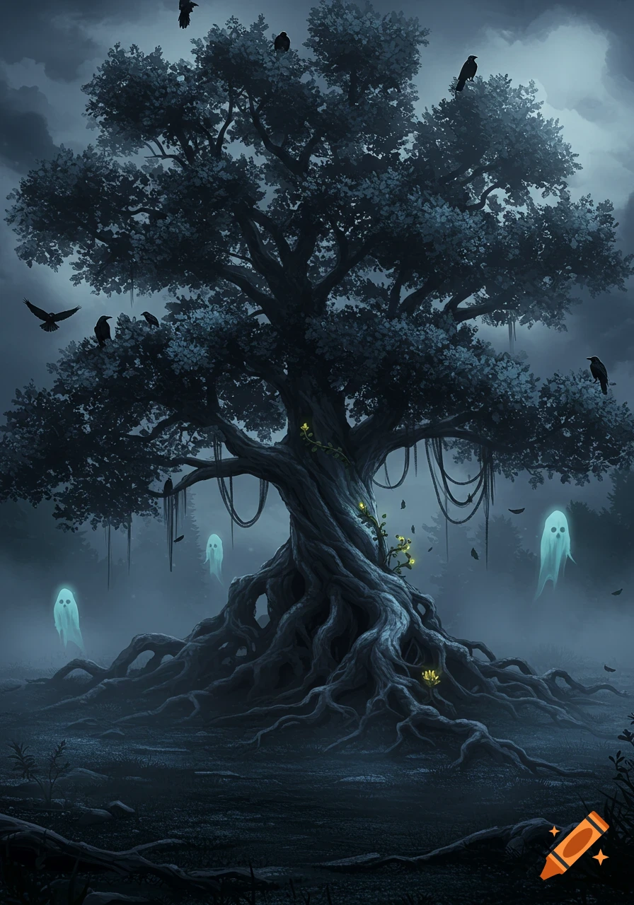 A dark, twisted gothic tree with roots, crows, and glowing ghost figures in a misty forest.