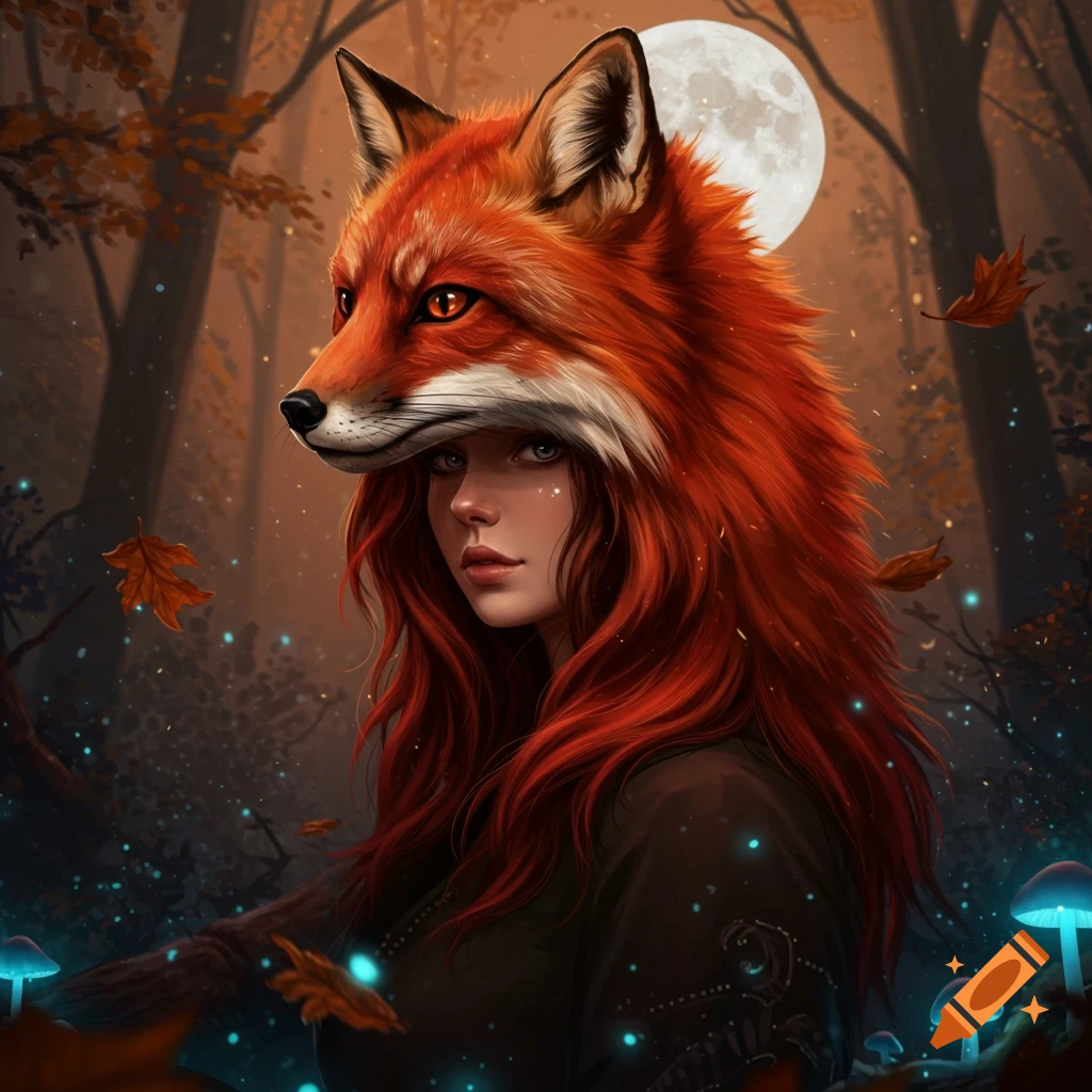 A young woman with red hair and a red fox mask in a mystical forest at night, illuminated by a full moon and glowing mushrooms.
