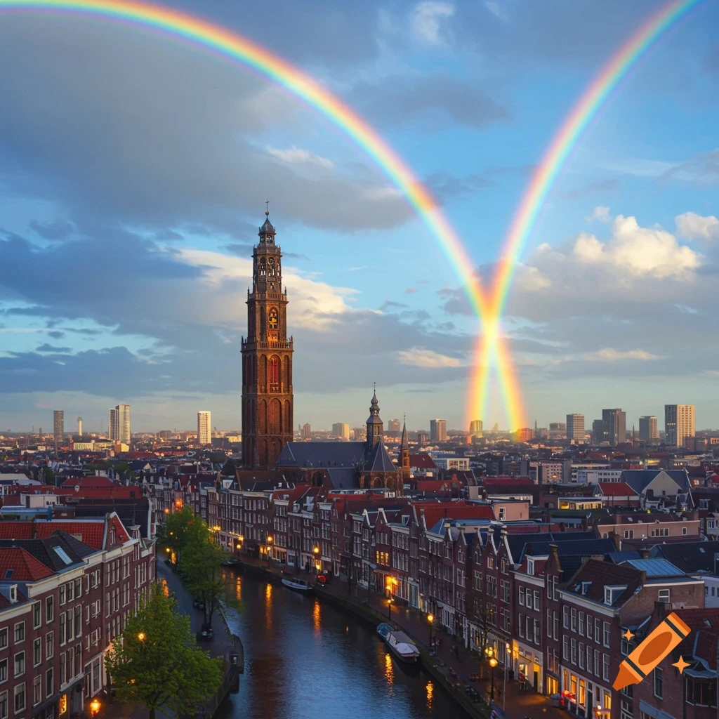 Aerial view of a Dutch city skyline with a prominent church tower and two intersecting rainbows arching over it. A canal winds through historic buildings, illuminated by streetlights and reflections, under a partly cloudy sky.
