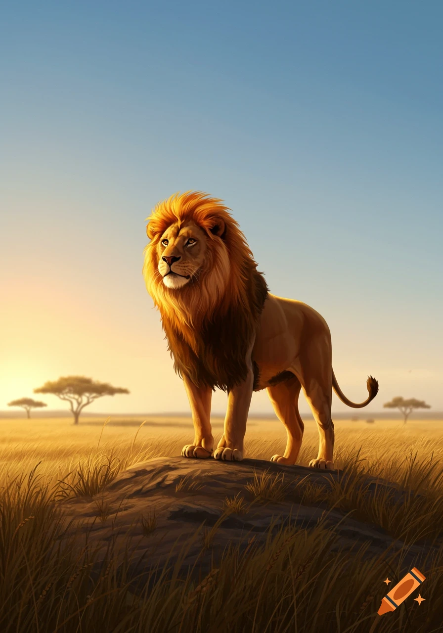 A majestic lion stands on a small hill in a golden savanna at sunrise, looking to the left with an alert expression.