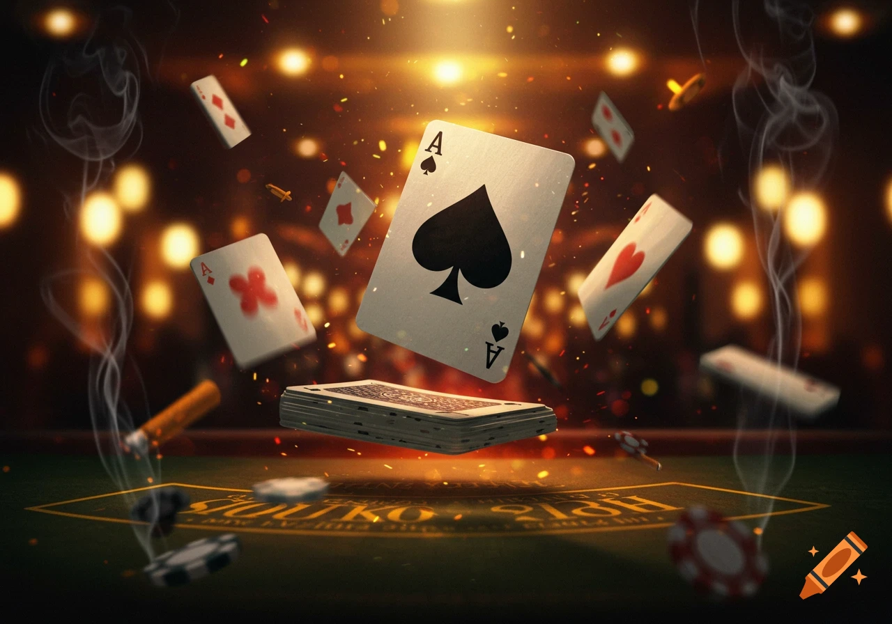 Playing cards, poker chips, and a cigar float above a green felt table in a dynamic casino setting with golden light.