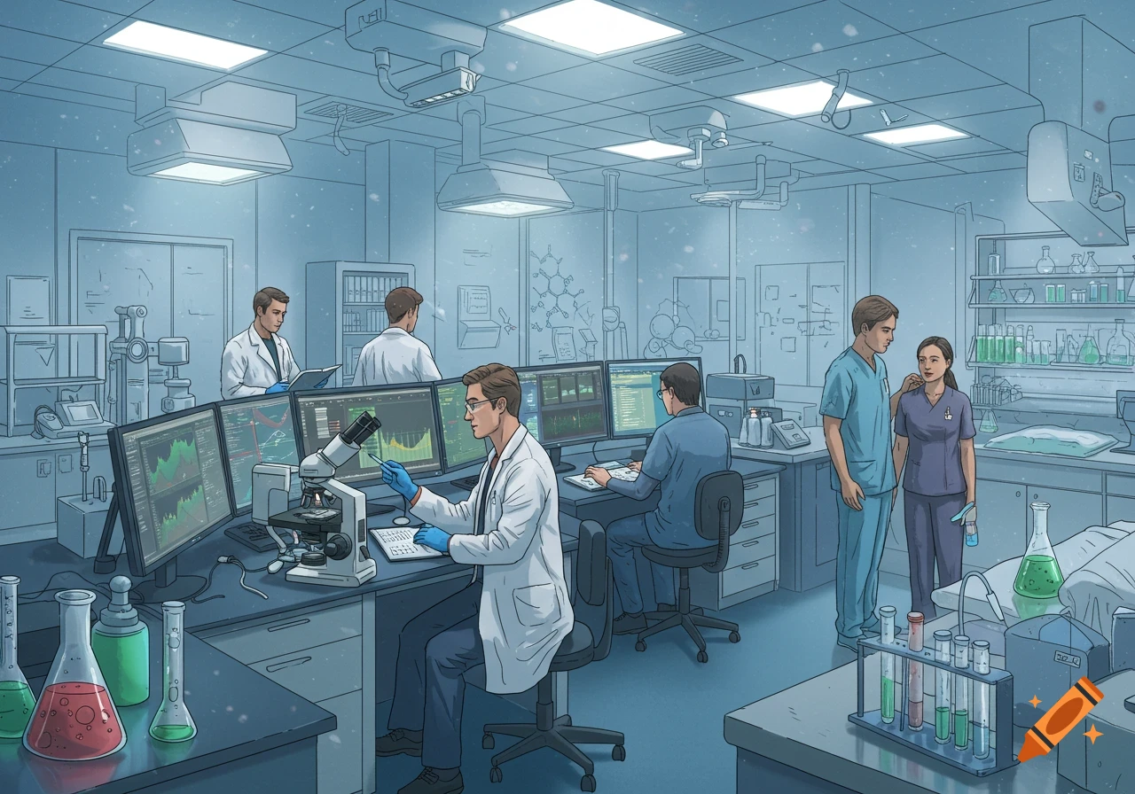 Illustrated depiction of a clinical trial team of scientists working in a modern, blue-toned laboratory with computers and microscopes.