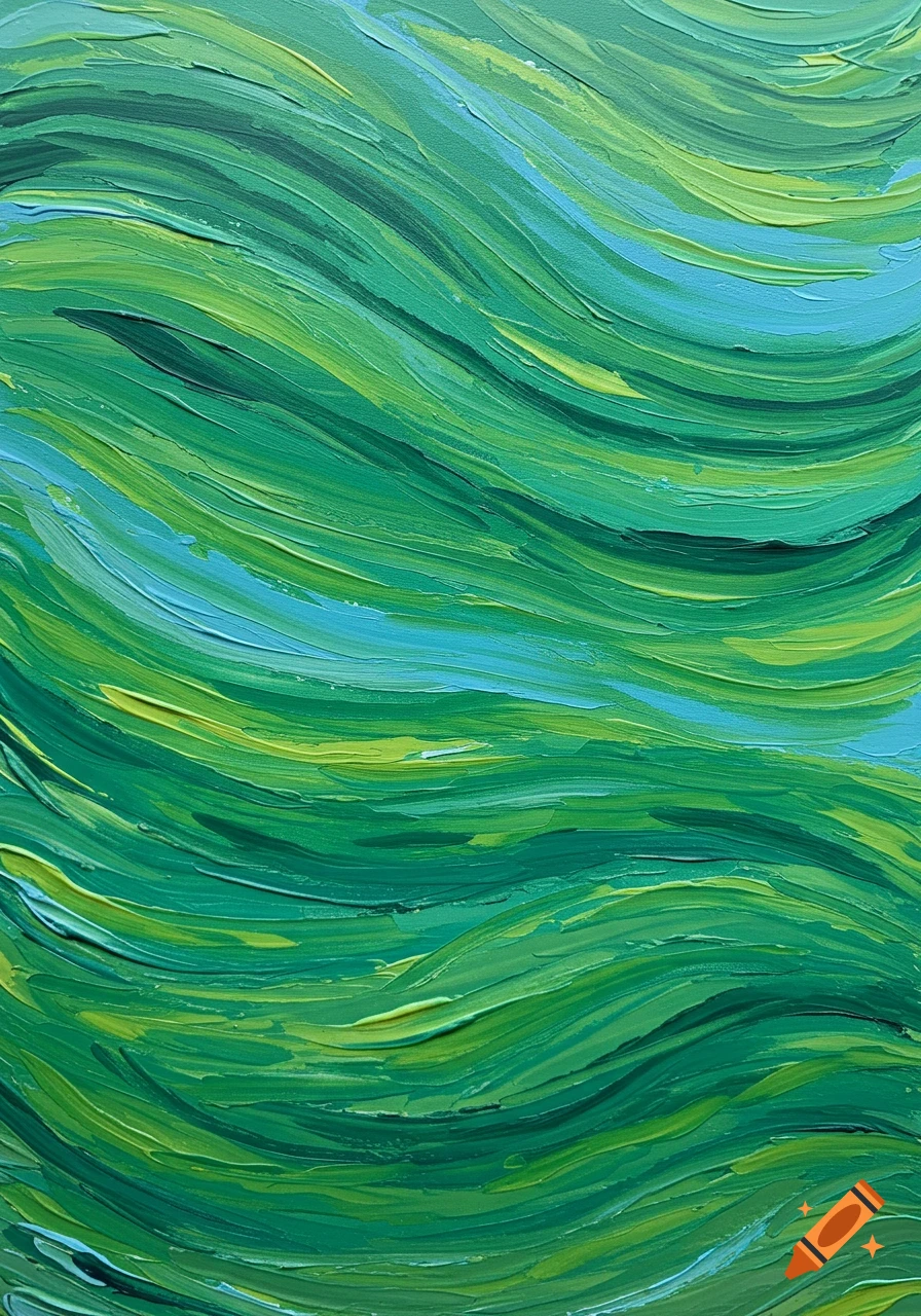 Close-up of an acrylic painting with textured, wavy brushstrokes in shades of green, blue-green, and yellow-green.