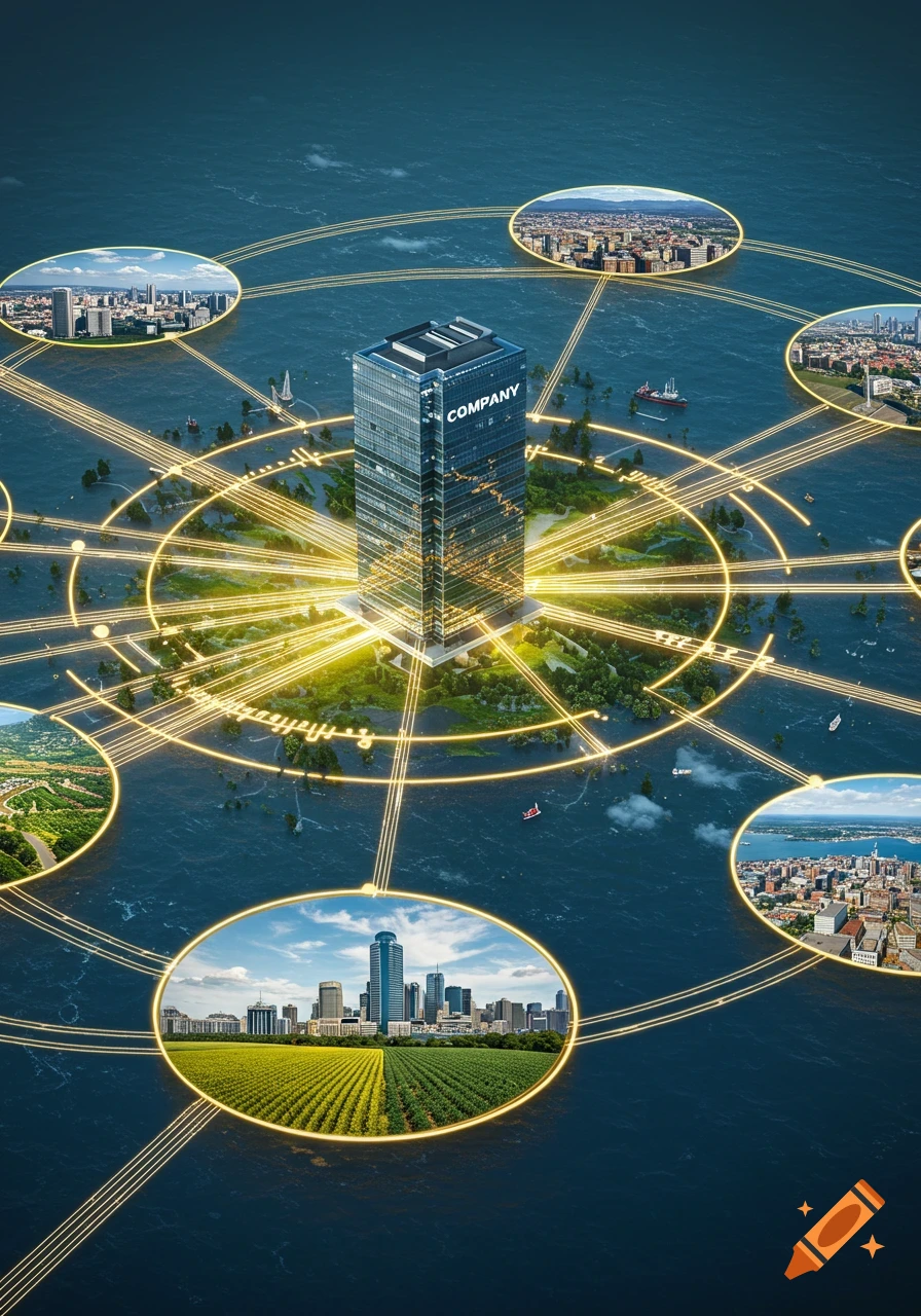 A central skyscraper labeled 'COMPANY' on an island connected by glowing lines to circular views of cities and landscapes over a blue ocean, illustrating a business network.