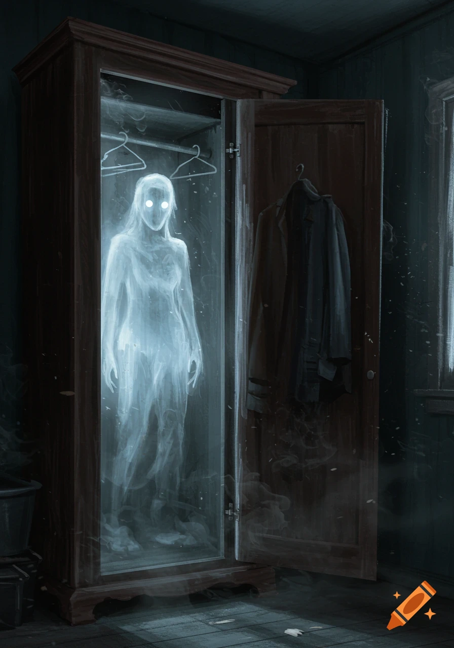 A translucent, glowing ghostly figure with bright white eyes stands inside an open wooden wardrobe in a dark room.