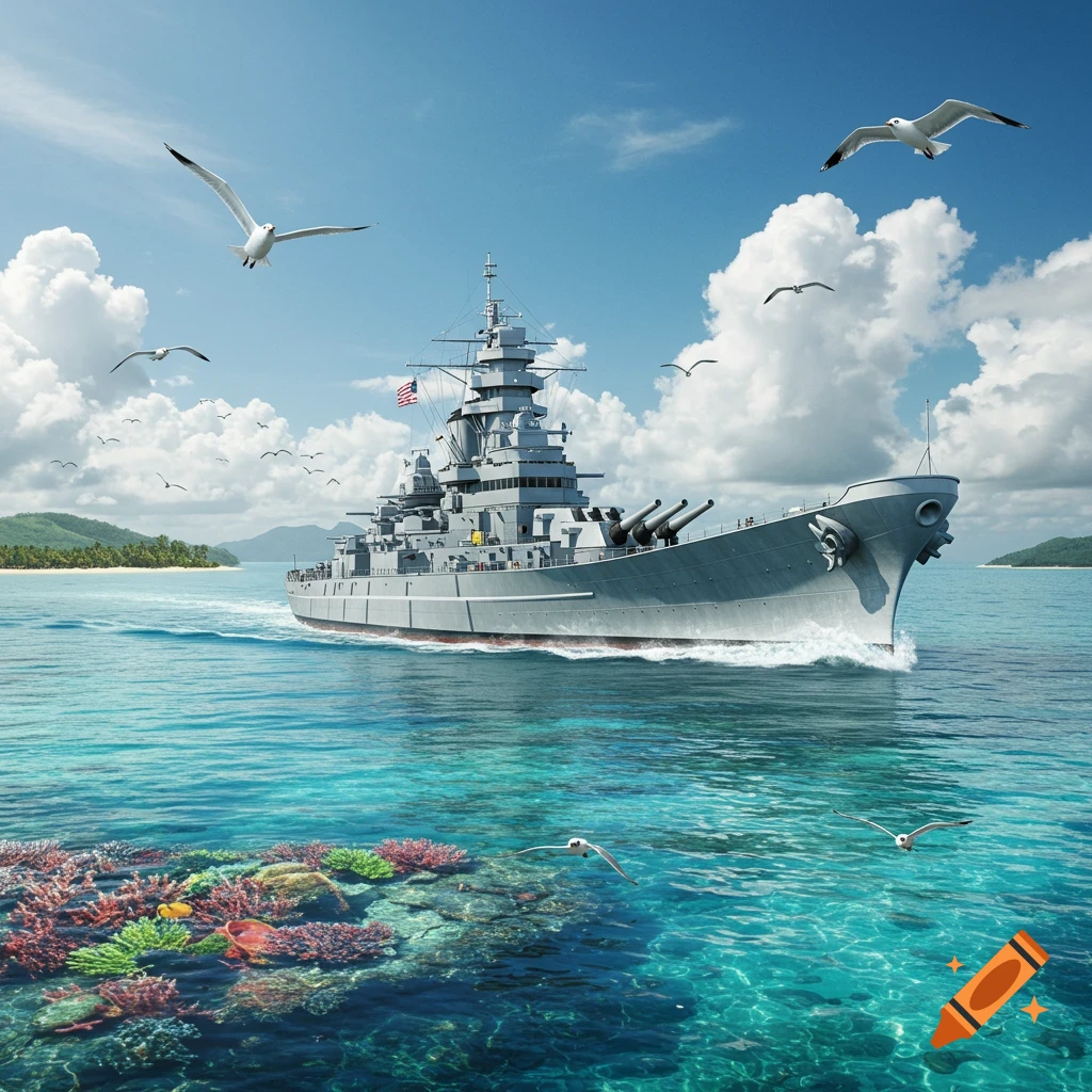 A U.S. battleship sails through clear blue tropical waters, with a vibrant coral reef visible below. Seagulls fly overhead under a partly cloudy sky.
