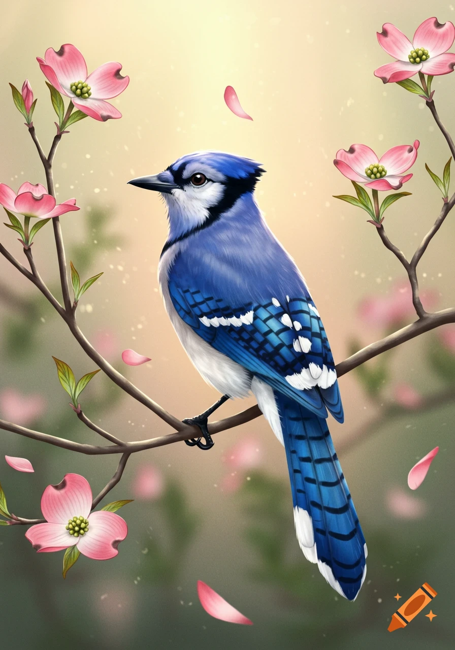 A blue jay perched on a branch, surrounded by pink dogwood flowers and falling petals, in a detailed illustrative style.