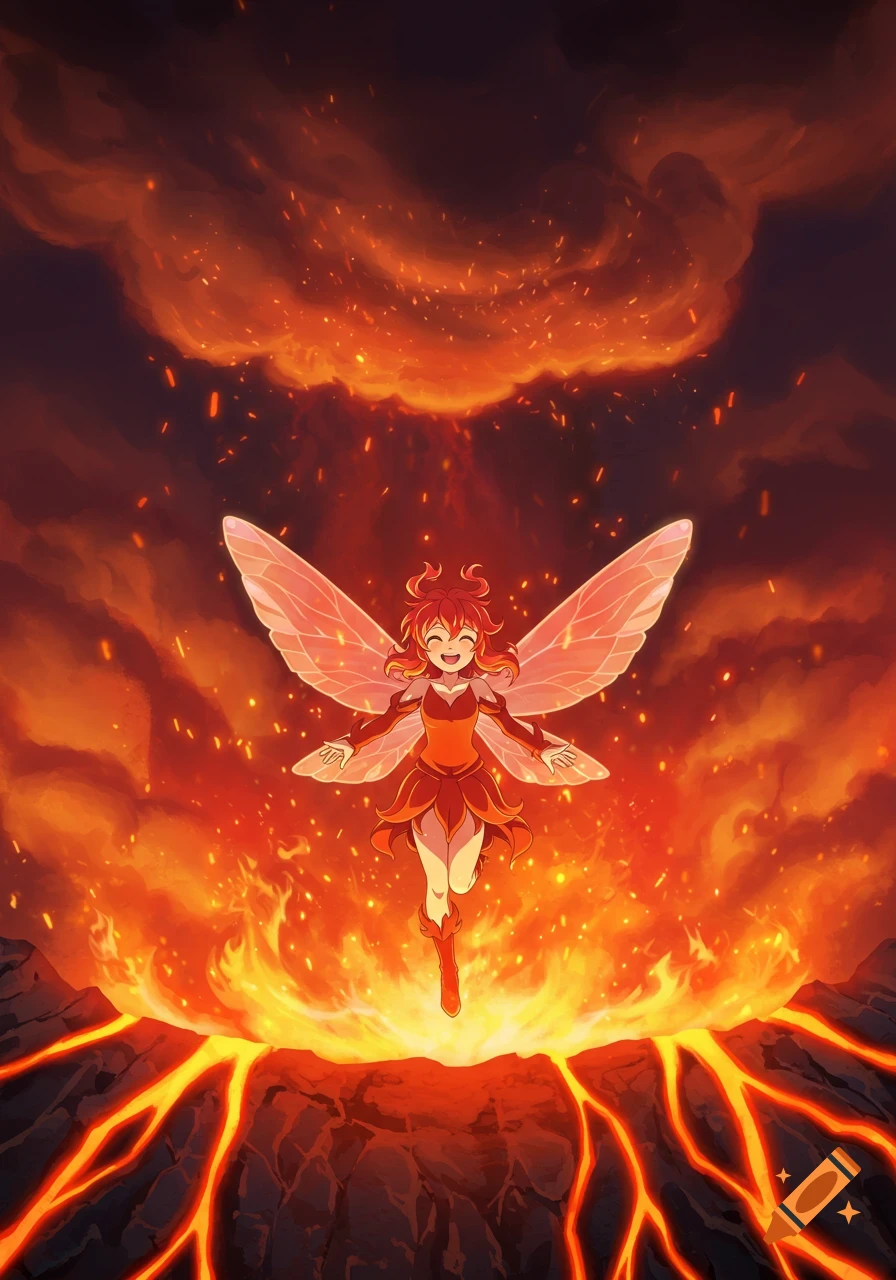 Cheerful red-haired anime fire-fairy with transparent wings flying above a fiery volcano with rising flames.