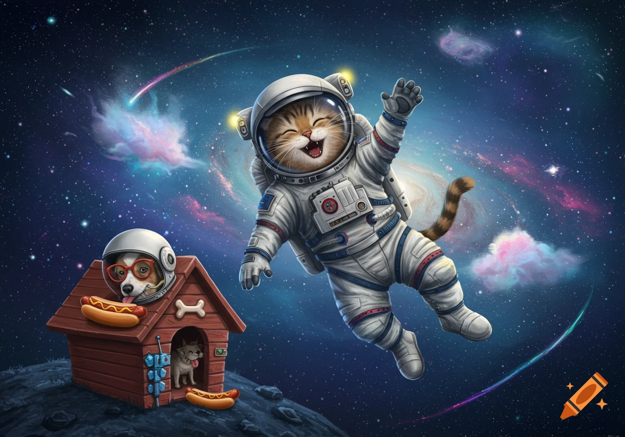 Cute cartoon cat astronaut floats in space, laughing. Below, a dog in an astronaut helmet sits on a doghouse with hotdogs on a moon.