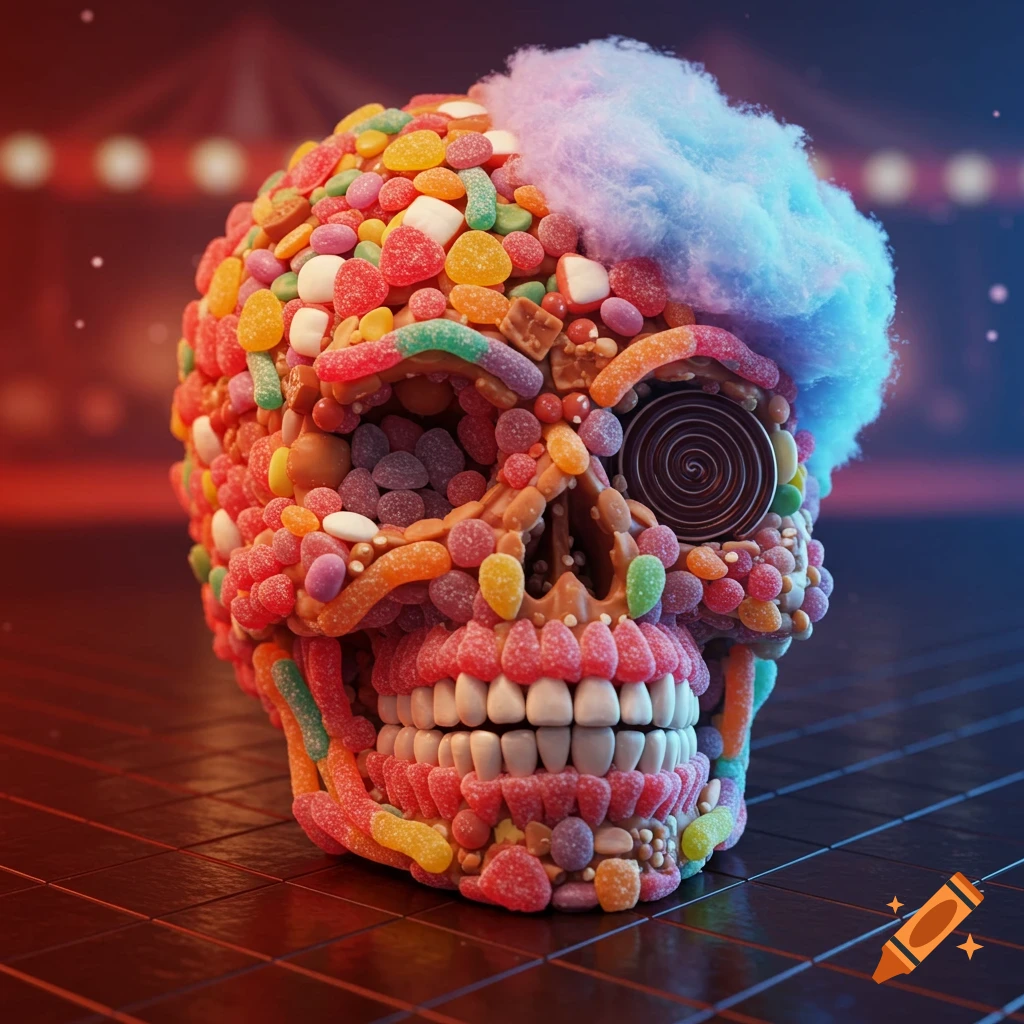 A vibrant, detailed skull crafted from various colorful candies, with blue cotton candy for hair, against a blurred dark background.