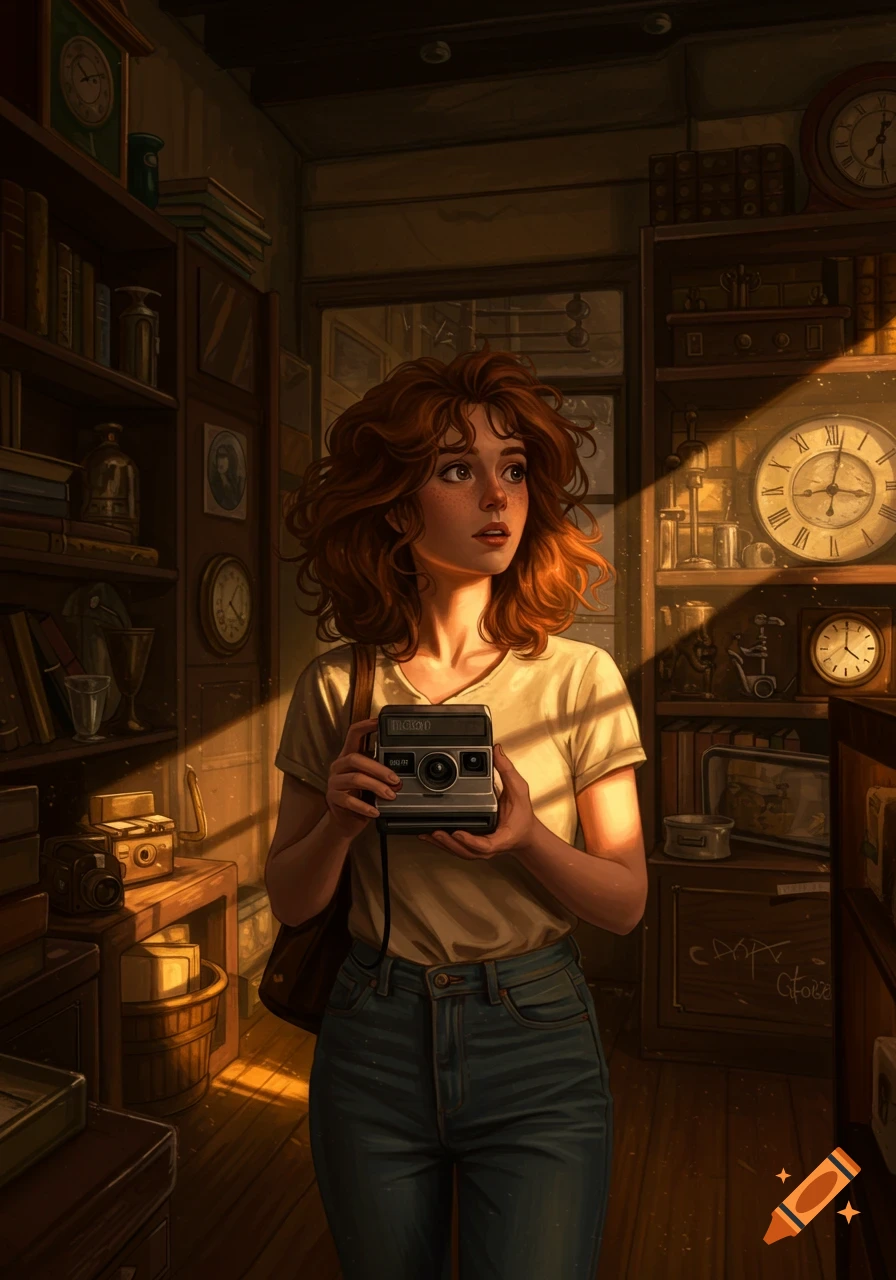 Detailed illustration of a red-haired woman holding a vintage camera in a dimly lit antique shop.