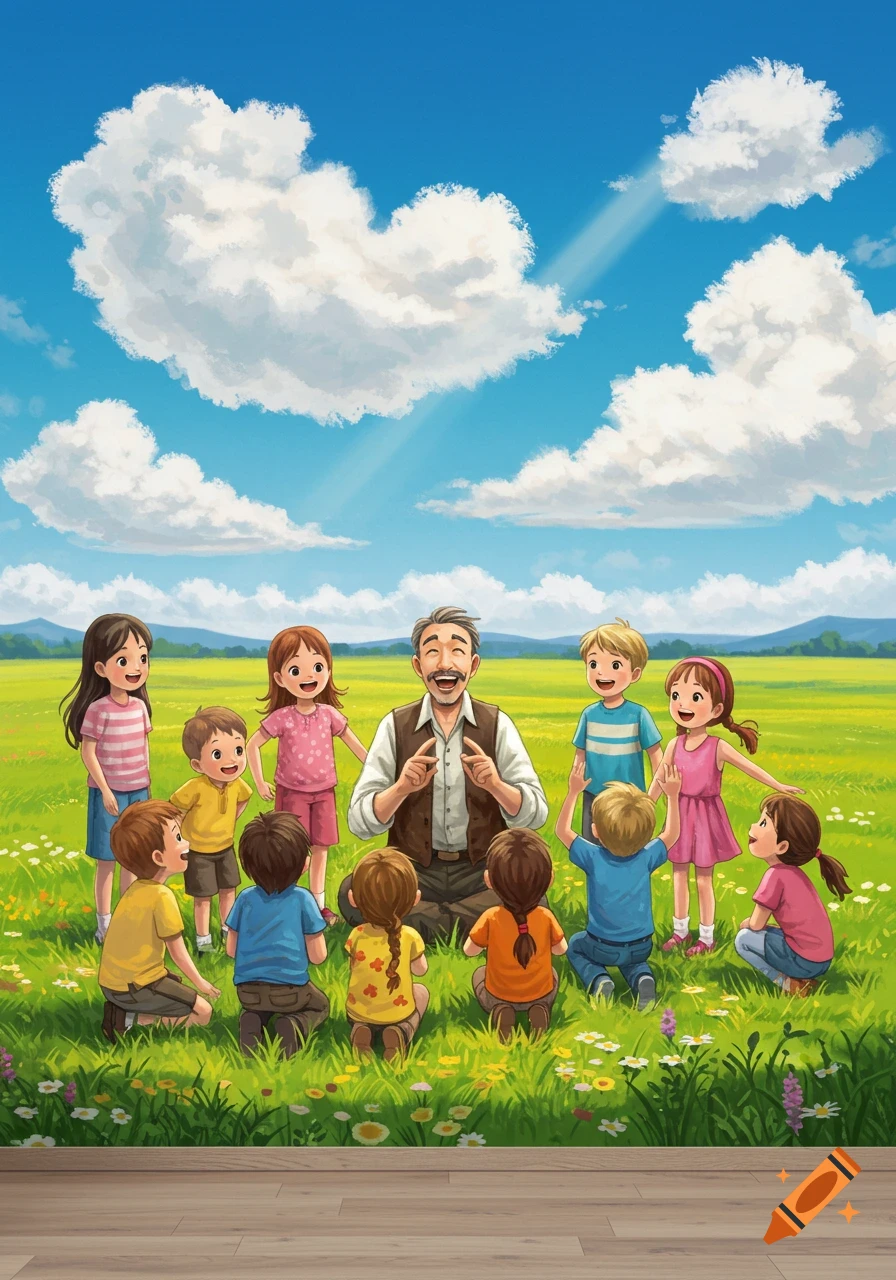 A happy, bearded man smiles while talking to children gathered around him in a vibrant green meadow under a blue sky, in an illustration style.