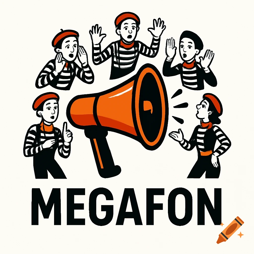 Illustration of five mimes in black and white stripes and red berets around a large orange megaphone, with 'MEGAFON' text below.