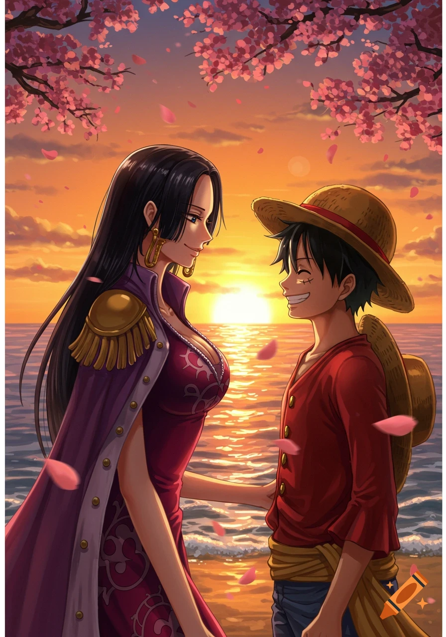 Anime characters Boa Hancock and Luffy share a tender moment on a beach at sunset with cherry blossoms.