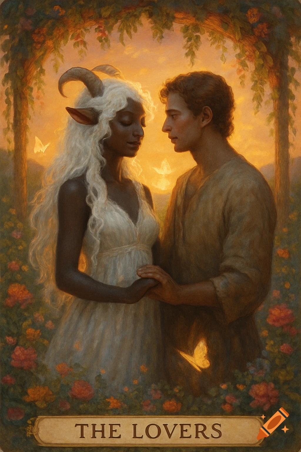 A stylized painting of a goat girl and a man holding hands under a floral archway, labeled 'THE LOVERS' on a tarot card.