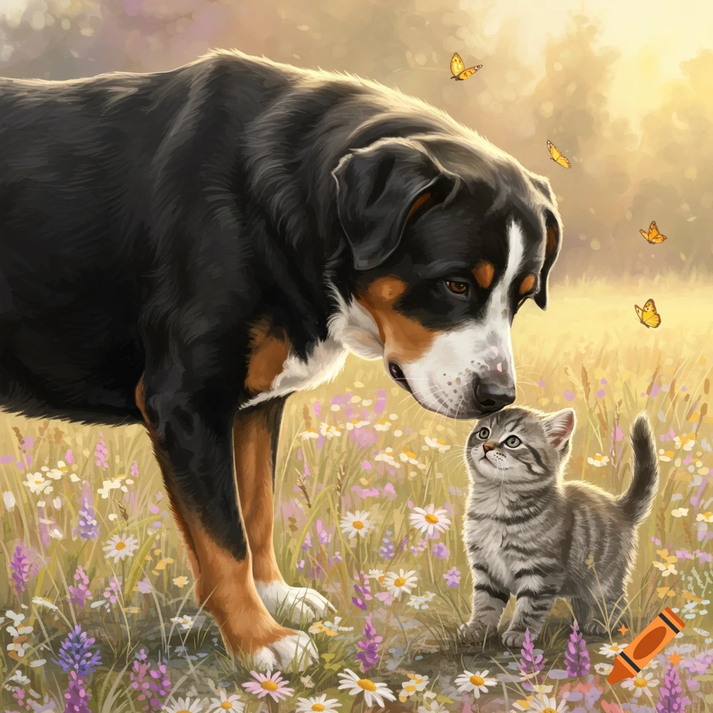 A large black, brown, and white dog gently nuzzles a small tabby kitten in a sunny wildflower meadow with butterflies. Digital art.